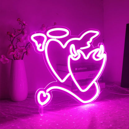 Angel and Devil Hearts Neon Light