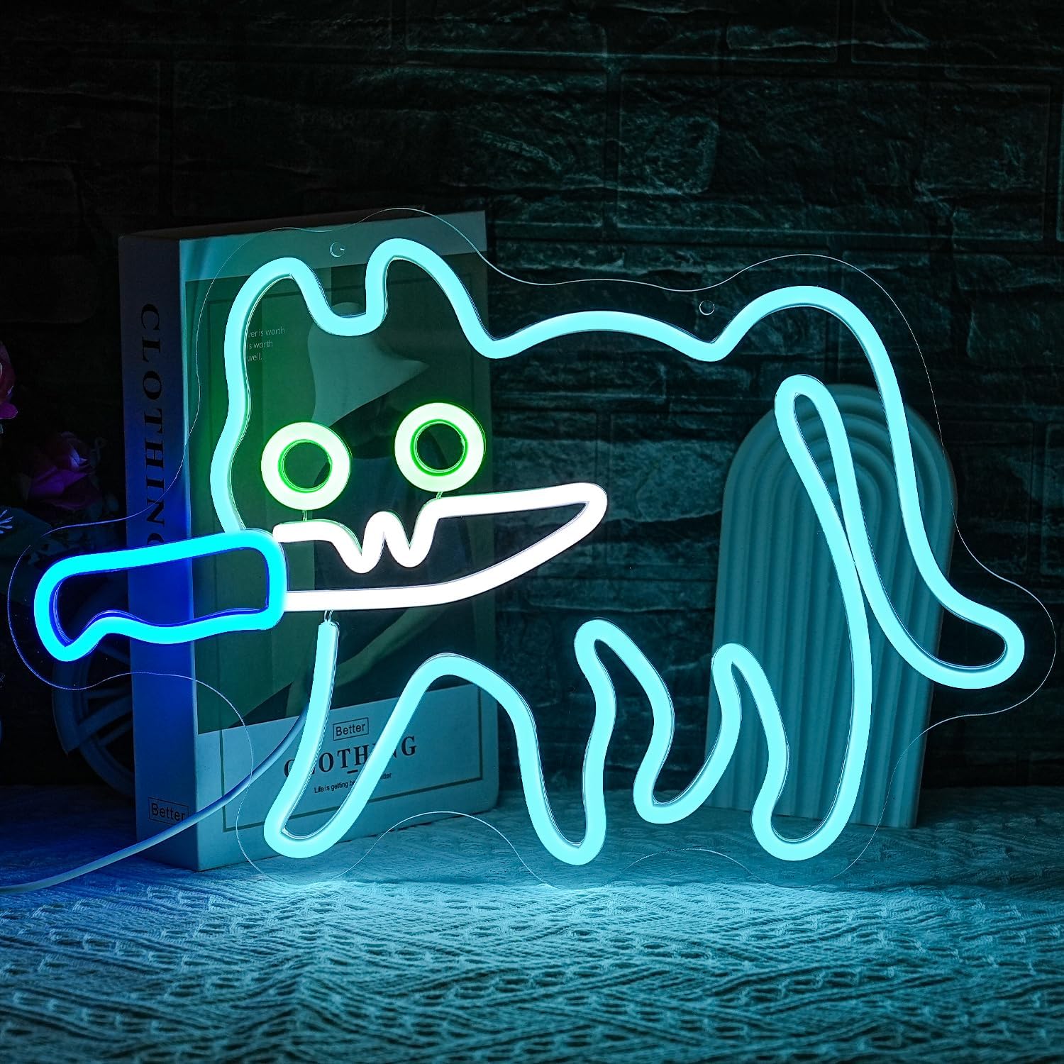 Cat and knife neon sign Ice blue